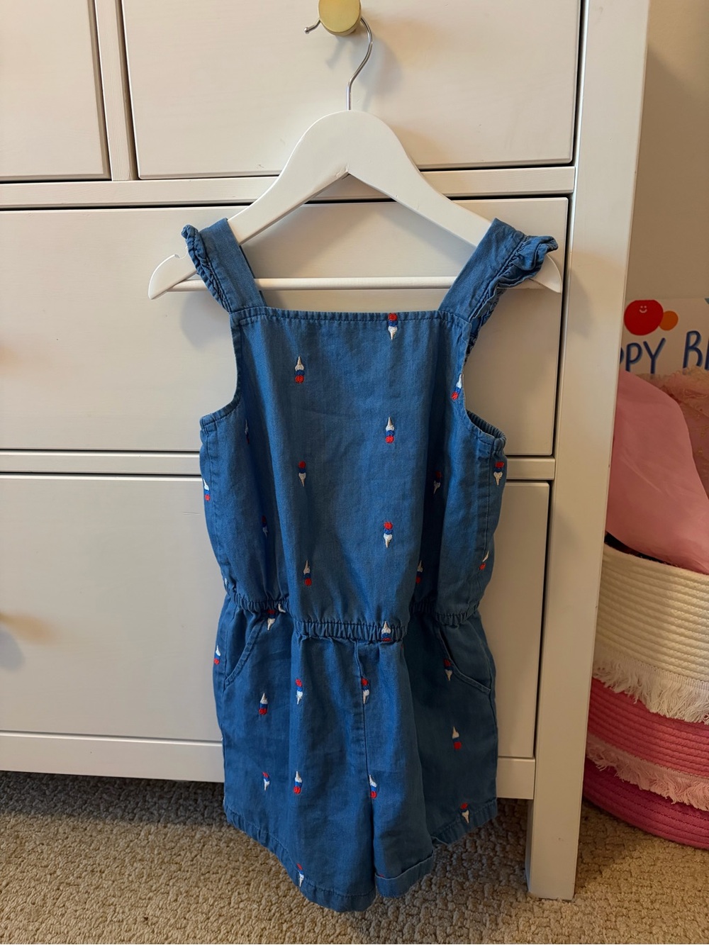 Cat & Jack Girls 5T Chambray Ice Cream Romper Patriotic Red White Blue